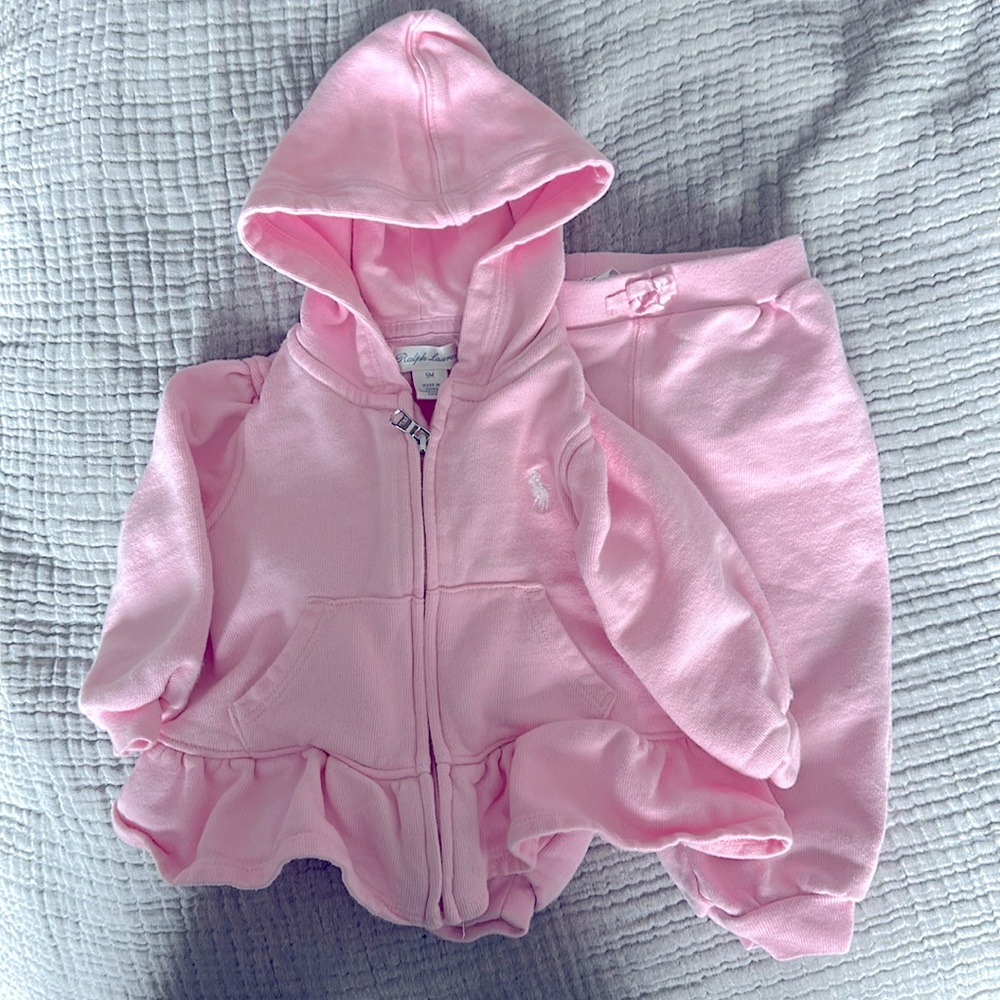 Ralph Lauren 9 month pink Baby Girls Terry Full Zip Hoodie and Jogger Pants Set
